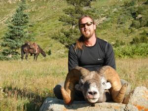 Congratulations goes out to Derek Haegerty on a monster New Mexico Ram!  Although Derek was not a paid client of H&A Outfitters, Inc., he is actually a friend of one of our sheep guides, Adam Simms.   Adam, Rick, Drew and Andy saddled up the mules and took Derek up the mountain opening morning of his hunt and this was the result!  The 12th biggest Ram ever killed in the Pecos!  Derek's Ram scored 184 7/8 net after the 60 day drying period!   