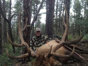 Gabriel Echevarria of Columbia, South America hunted hard for 6 days with lots of close encounters!   It finally all came together on the 7th morning of his hunt!  As Gabriel and his guide, Rick,  stalked up on bugling bulls, he was able to place an arrow right in the sweet spot at 27 yards on this big New Mexico Gila monster!  Good hunting Gabriel!  Congrats!